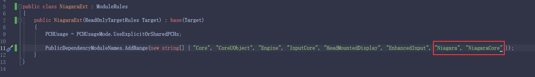 我们首先要在对应的模块的build.cs文件中引用`Niagara`、`NiagaraCore`两个模块